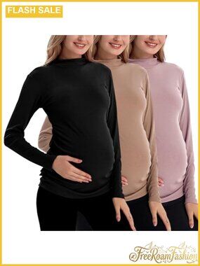 Maternity Ribbed Mock Neck Long Sleeve Pullover Tops 3 Piece Set